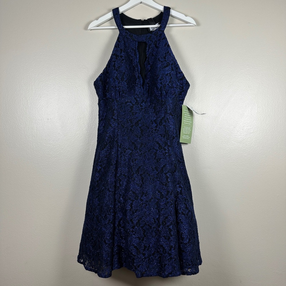 R & M Collection‎ Women's 16 Dress Navy Metallic Floral Lace Halter Keyhole NEW